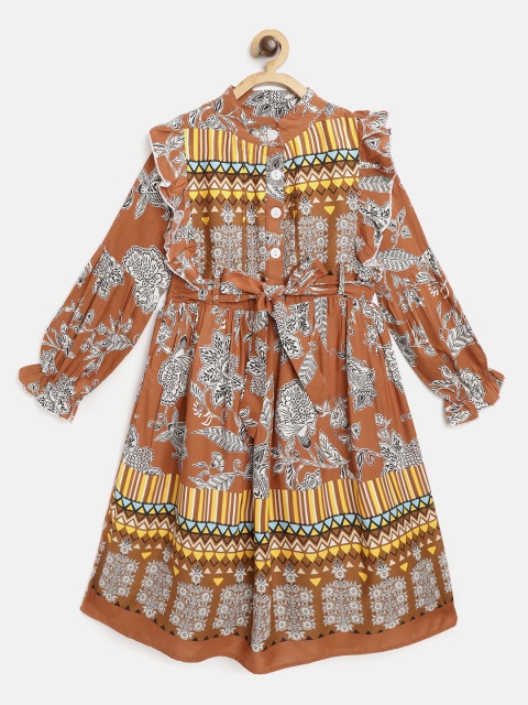 

Bella Moda Girls Rust Brown & White Ethnic Motifs Print A-Line Dress with Belt