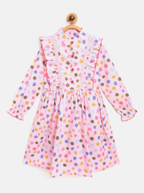 

Bella Moda Girls Pink & Blue Abstract Print A-Line Dress with Lace Inserts
