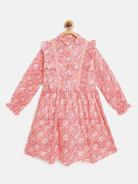 

Bella Moda Girls Coral Pink & White Floral Print A-Line Dress with Tie-ups