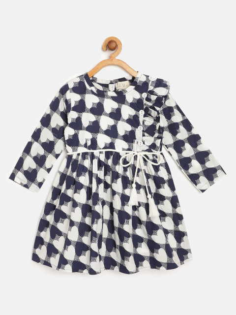 

Bella Moda Girls Navy Blue & White Hearts Print Fit and Flare Dress with Tie-ups