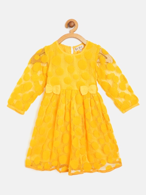 

Bella Moda Girls Mustard Yellow Geometric Lace Fit and Flare Dress with Bow Detail