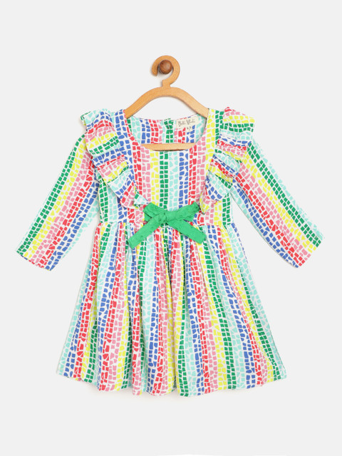 

Bella Moda Girls Multicoloured Abstract Print Ruffled Fit and Flare Dress with Bow Detail, Multi
