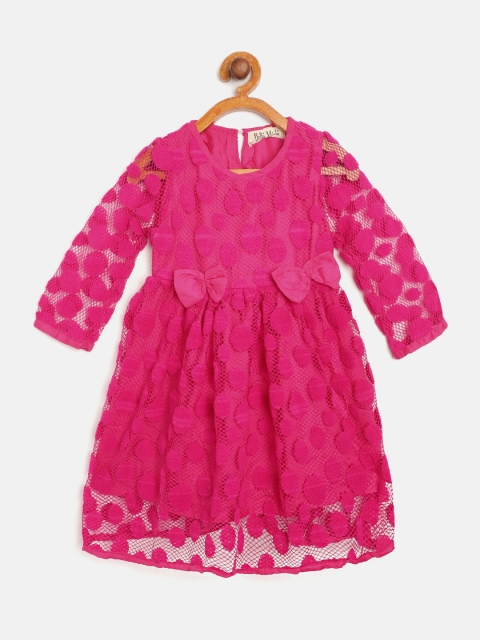 

Bella Moda Girls Fuchsia Pink Geometric Lace Fit and Flare Dress with Bow Detail