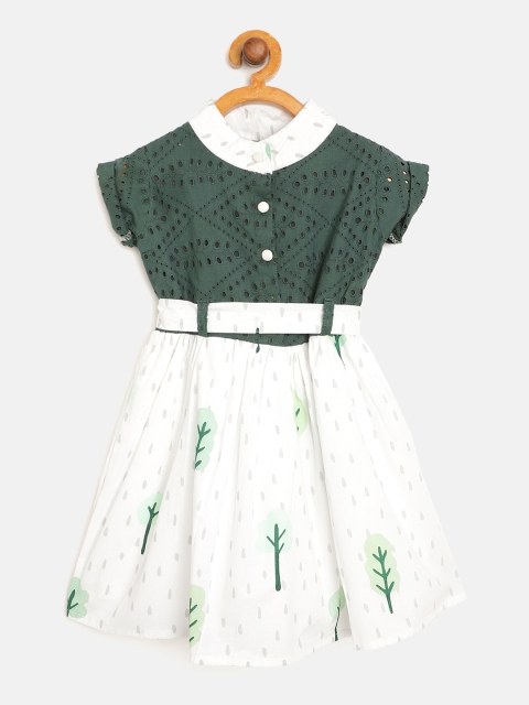 

Bella Moda Girls Olive Green & White Printed Schiffli Embroidered Fit and Flare Dress