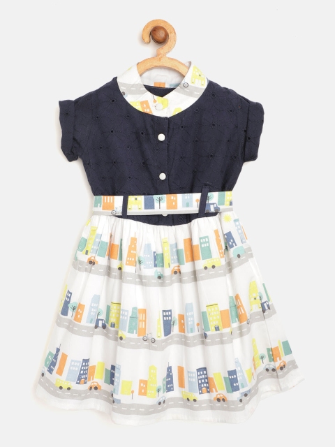 

Bella Moda Girls Navy & White Colourblocked & Quirky Print Fit and Flare Dress with Belt, Navy blue