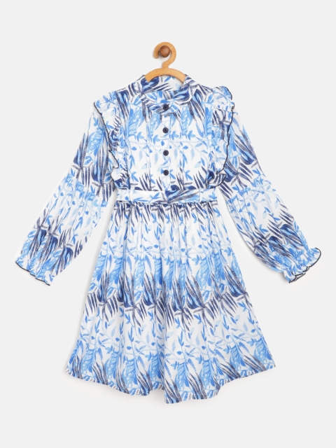 

Bella Moda Girls White & Blue Leaves Print Ruffled Fit and Flare Dress with Belt
