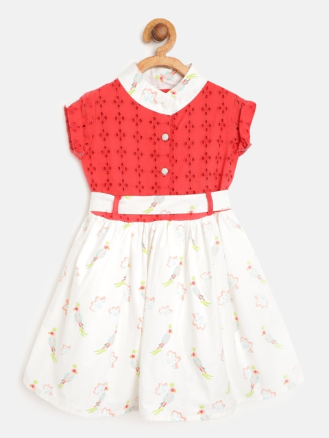 

Bella Moda Girls Red & White Colourblocked & Parrots Print Fit and Flare Dress with Belt