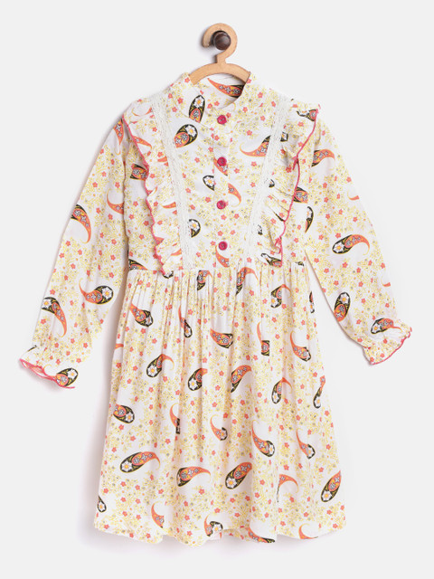 

Bella Moda Girls White & Yellow Ethnic Printed A-Line Dress