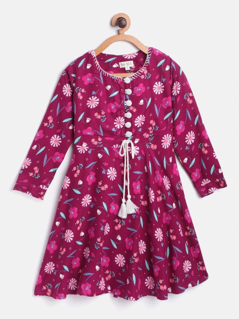 

Bella Moda Girls Magenta & Blue Floral Printed A-Line Dress with Waist Tie-Ups