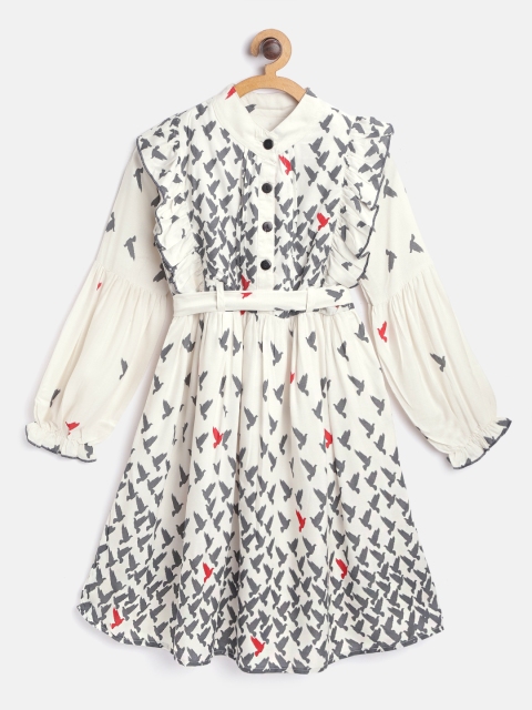 

Bella Moda Girls Off-White & Grey Birds Printed A-Line Dress with Belt