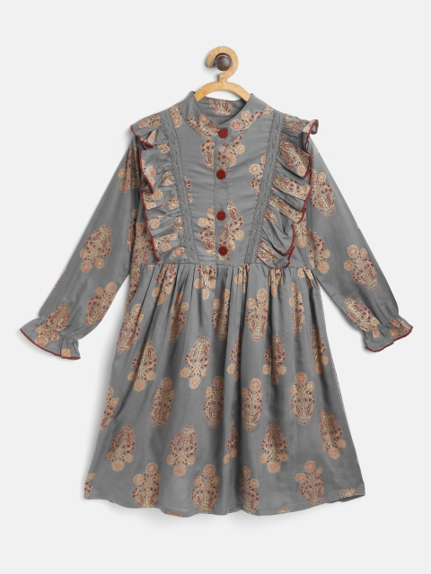 

Bella Moda Girls Charcoal Grey & Maroon Ethnic Motifs Print Ruffle Fit and Flare Dress