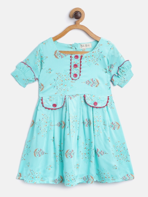 

Bella Moda Girls Blue & Golden Ethnic Motifs Print A-Line Dress with Tie-Ups