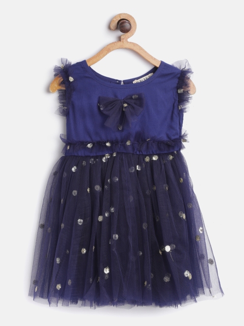

Bella Moda Girls Navy Blue Sequinned Fit and Flare Dress with Bow Detail & Tie-Ups