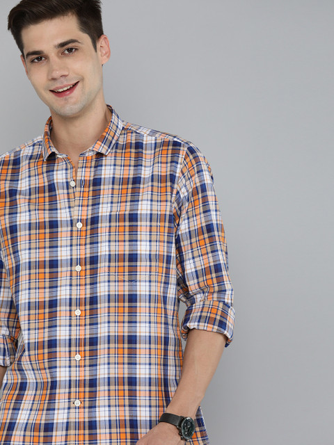 

Mast & Harbour Men Navy Blue & Orange Slim Fit Checked Casual Shirt