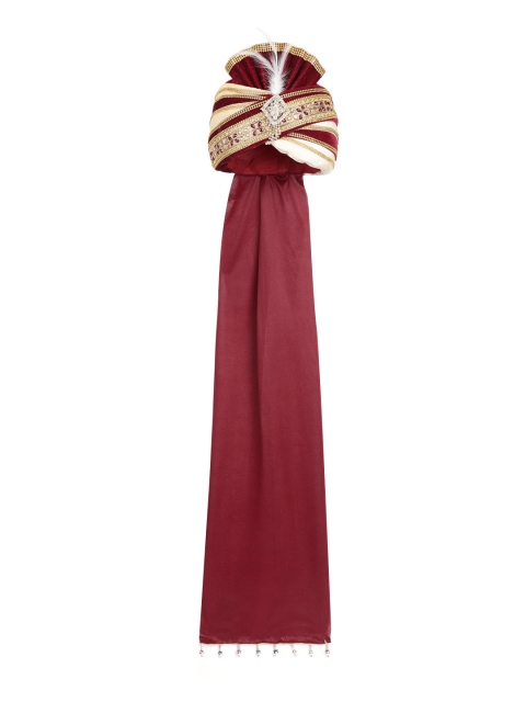 

Tistabene Maroon & Cream-Coloured Embellished Velvet Groom Pagri with Brooch Detail