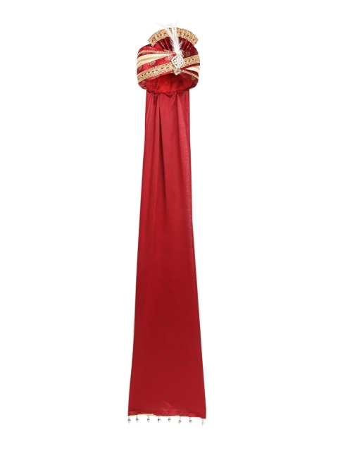 

Tistabene Men Red & Golden Embellished Pure Silk Groom Pagri with Brooch Detail