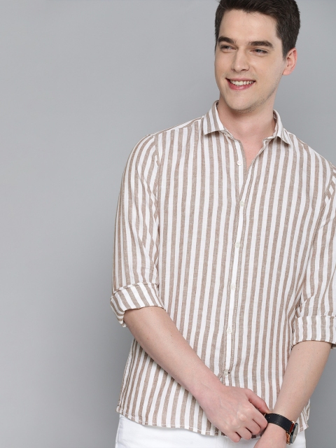 

Mast & Harbour Men White & Brown Regular Fit Striped Casual Linen Shirt