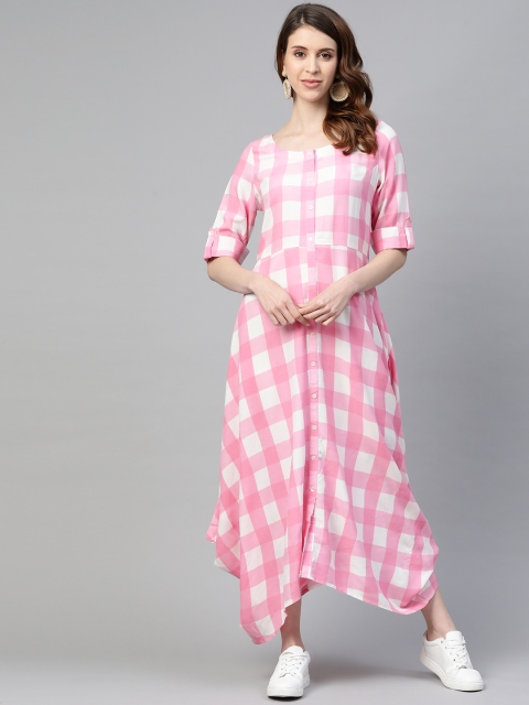 

MISRI Women Pink & White Checked Maxi Dress