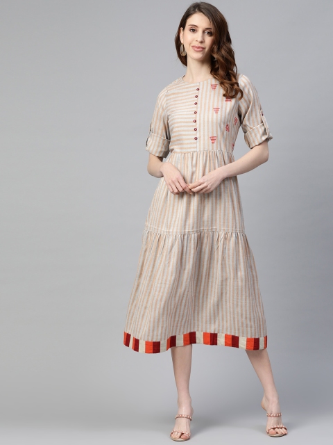 

MISRI Women Grey & Beige Striped Tiered A-Line Dress