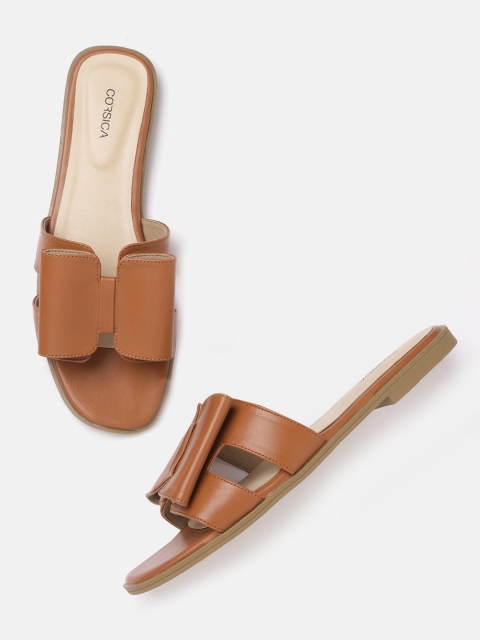CORSICA Women Tan Brown Solid Open Toe Flats with Bow & Cut-Out Detail