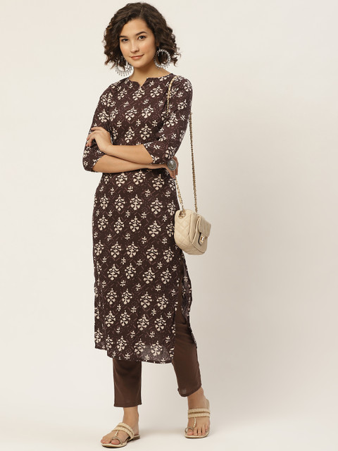 

Anouk Women Coffee Brown & Cream-Coloured Ethnic Motifs Printed Straight Pure