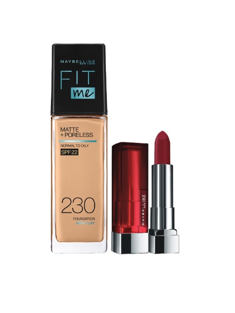 

Maybelline New York Set of Fit Me Foundation & Color Sensational Creamy Matte Lipstick, Beige