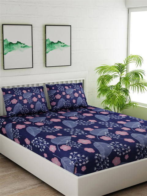 

Salona Bichona Navy Blue & Pink Floral 144 TC Polyester 1 Queen Bedsheet with 2 Pillow Covers