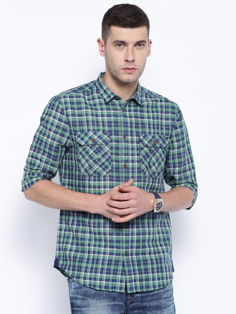 

Originals by Jack & Jones Green & Navy Linen Checked Slim Casual Shirt