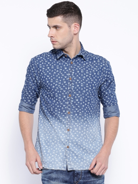 

Jack & Jones Navy Printed Ombre-Dyed Denim Casual Shirt, Navy blue