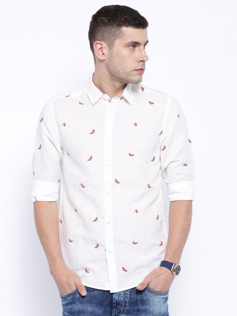 

Originals by Jack & Jones Off-White Linen Printed Slim Fit Casual Shirt