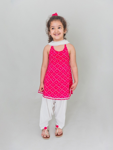 

Tiber Taber Girls Red & Cream-Coloured Bandhani Printed Kurta with Palazzos
