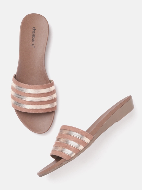 

DressBerry Women Dusty Pink & Rose Gold-Toned Striped Open Toe Flats