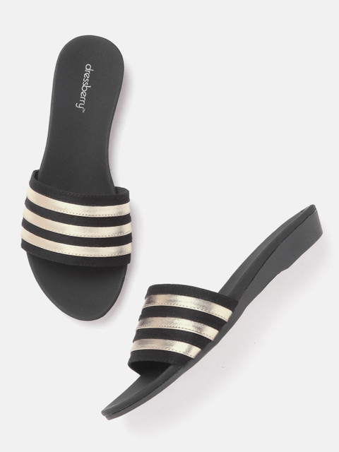 

DressBerry Women Black & Gold-Toned Striped Open Toe Flats