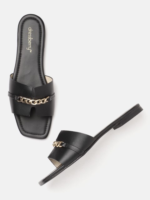 

DressBerry Women Black Solid Open Toe Flats with Chain Detail