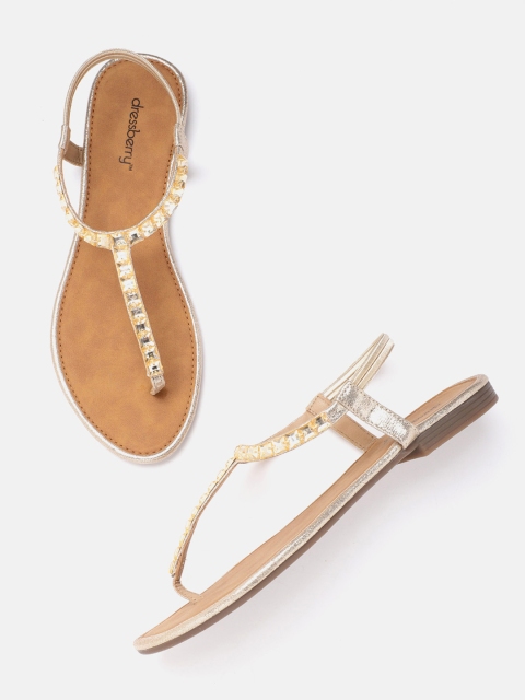

DressBerry Women Gold-Toned Embellished T-Strap Flats