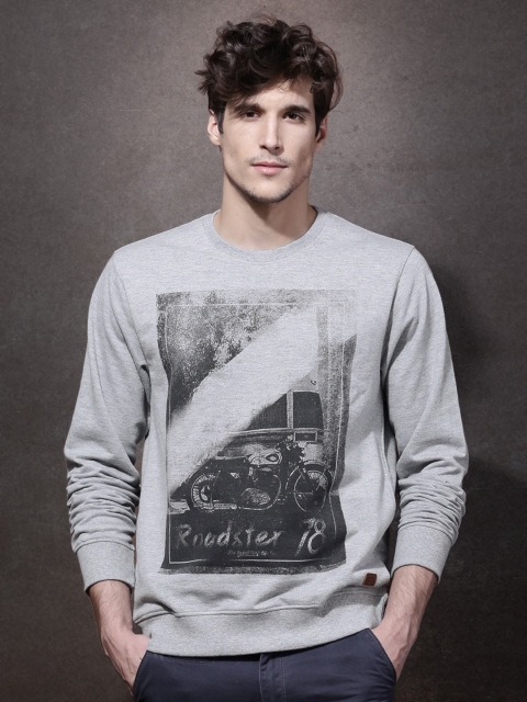

Roadster Men Grey Melange Printed Pullover Sweatshirt