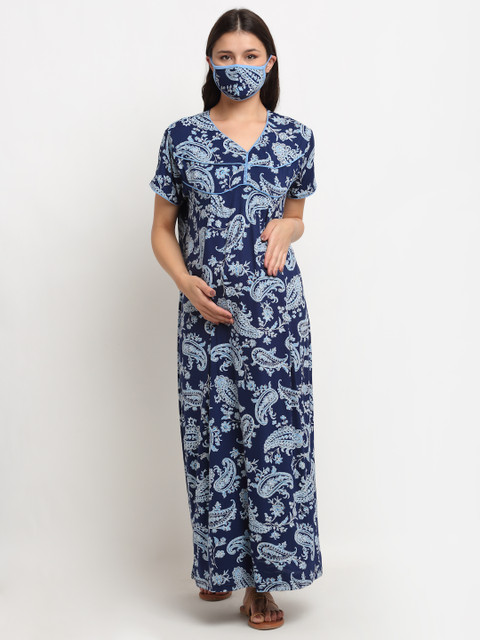 

Tiara Navy Blue & White Printed Maternity Nightdress