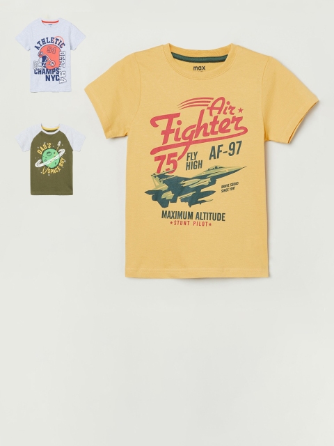 

max Boys Yellow & Grey Pack of 3 Printed Cotton T-shirt