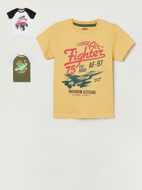

max Boys Grey & Yellow Pack of 3 Printed Cotton T-shirt