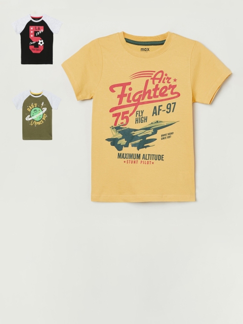 

max Boys Yellow & Black Pack of 3 Printed Cotton T-shirt