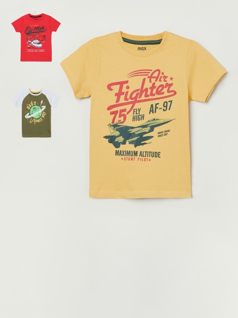

max Boys Yellow Red Pack of 3 Printed Cotton Pure Cotton T-shirt