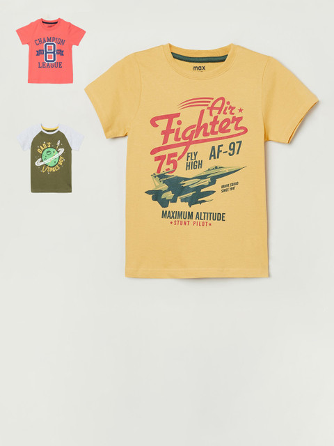 

max Boys Yellow & Coral Orange Pack of 3 Printed Cotton T-shirt