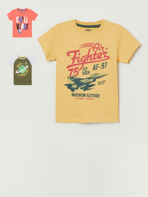 

max Boys Yellow & Peach Pack of 3 Printed Cotton T-shirt