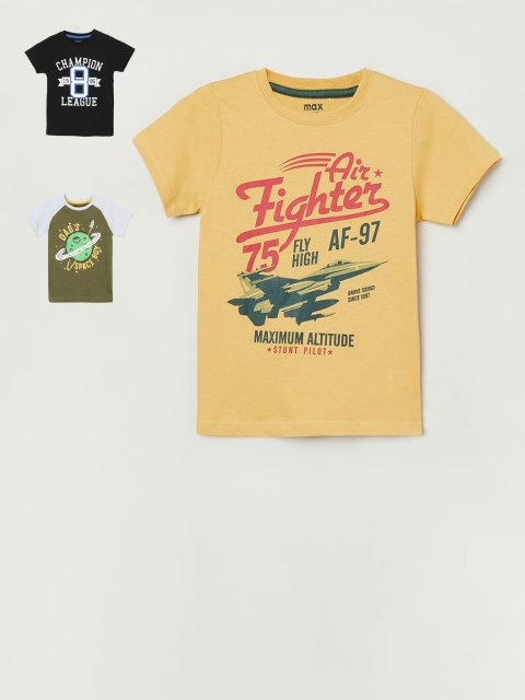 

max Boys Yellow & Black Pack of 3 Printed Cotton T-shirt