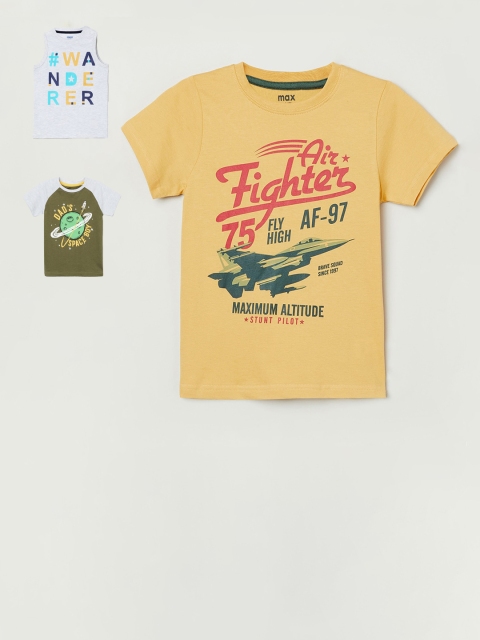 

max Boys Yellow & Grey Pack of 3 Printed Cotton T-shirt