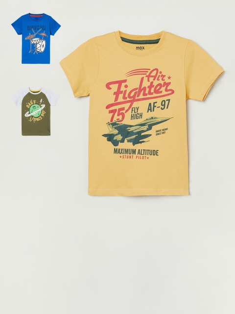 

max Boys Yellow & Blue Pack of 3 Printed Cotton T-shirt