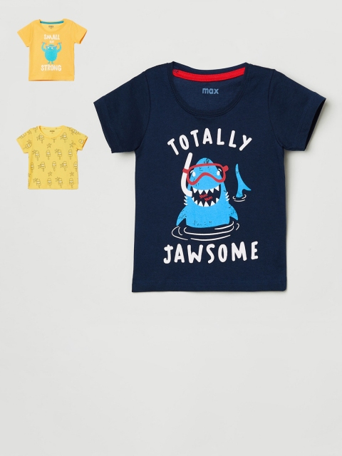 

max Boys Navy Blue & Yellow Pack of 3 Printed Cotton T-shirt