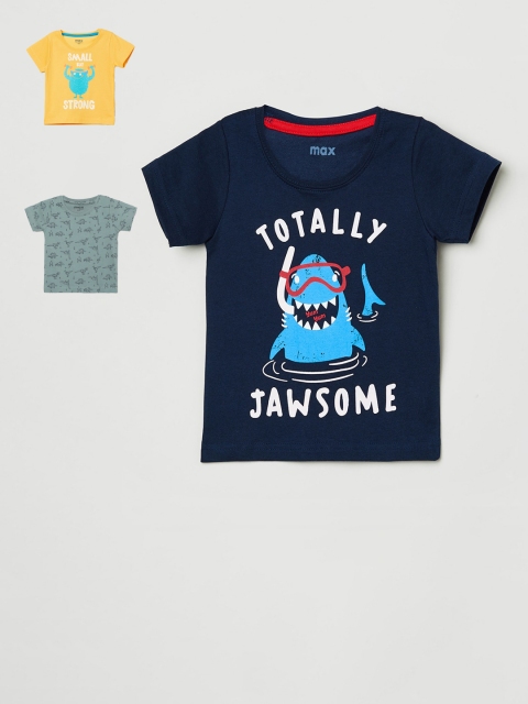 

max Boys Navy Blue & Yellow Pack of 3 Printed Cotton T-shirt