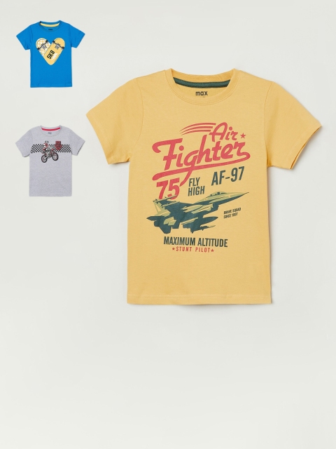

max Boys Yellow Grey Pack of 3 Printed Cotton Pure Cotton T-shirt