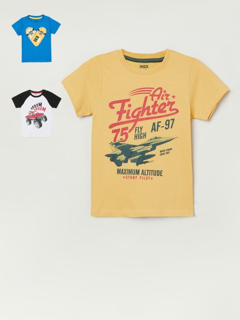 

max Boys Yellow & Grey Pack of 3 Printed Cotton T-shirt